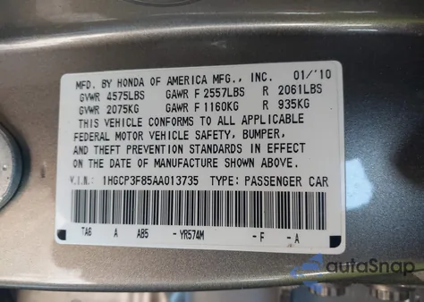 2010 Honda Accord 3.5 Ex-L from USA, damaged, VIN 1HGCP3F85AA013735